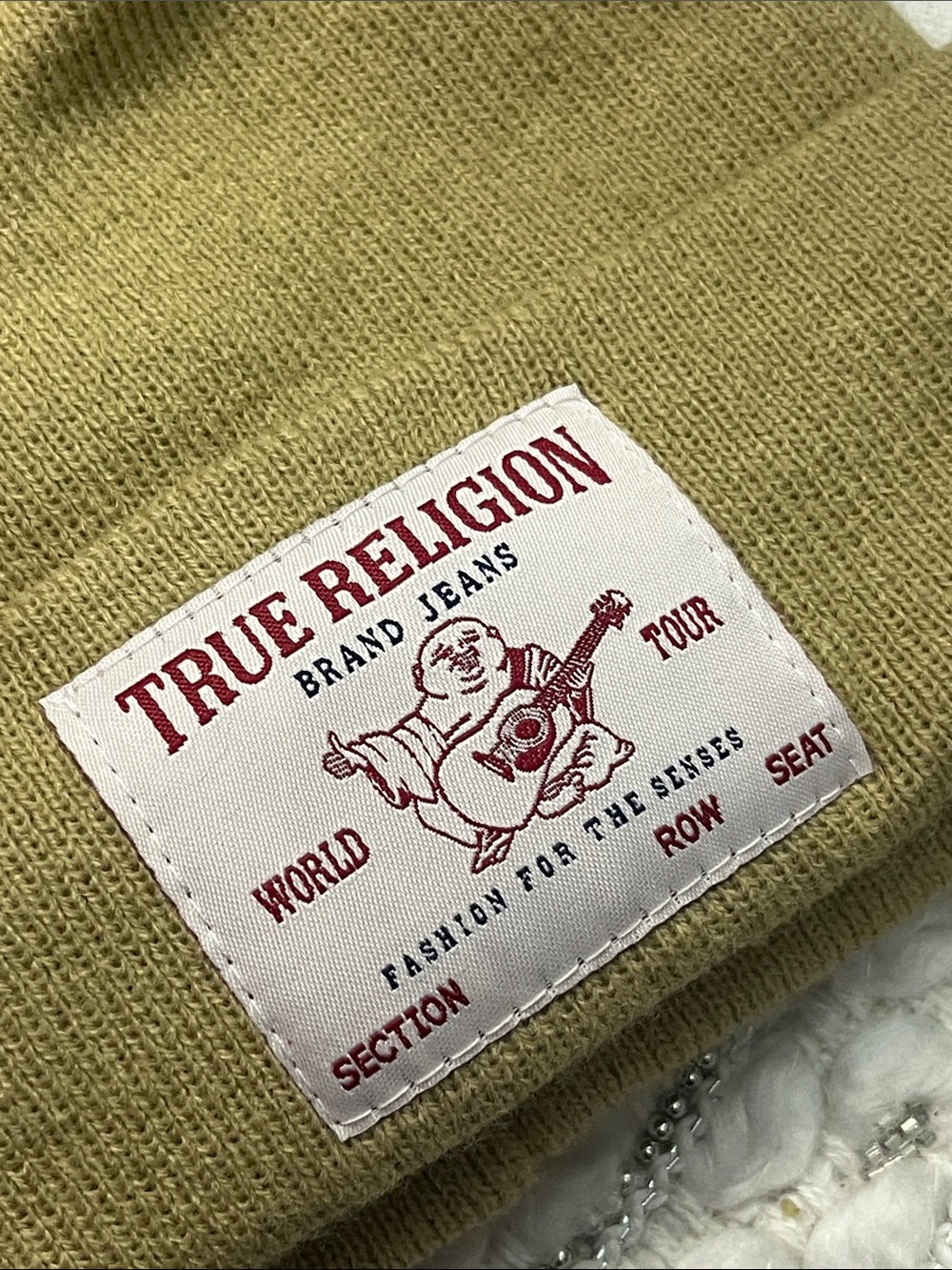 NWOT True Religion Tan Pom Pom Knit Beanie Hat Buddha Patch - Picture 3 of 8